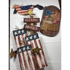 Americana Decor Lot Patriotic Wood Signs Liberty Statue‎ 1776 God Bless